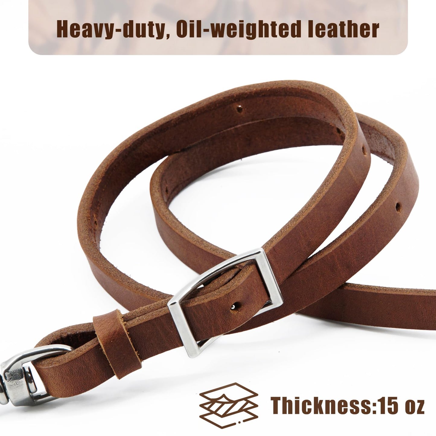 Jeereal Heavy Harness Leather Western Roper Rein,Barrel Reins for Horses, Round Trail Rein,Stainless Steel Hardware,Rich Brown,5/8" x 7'