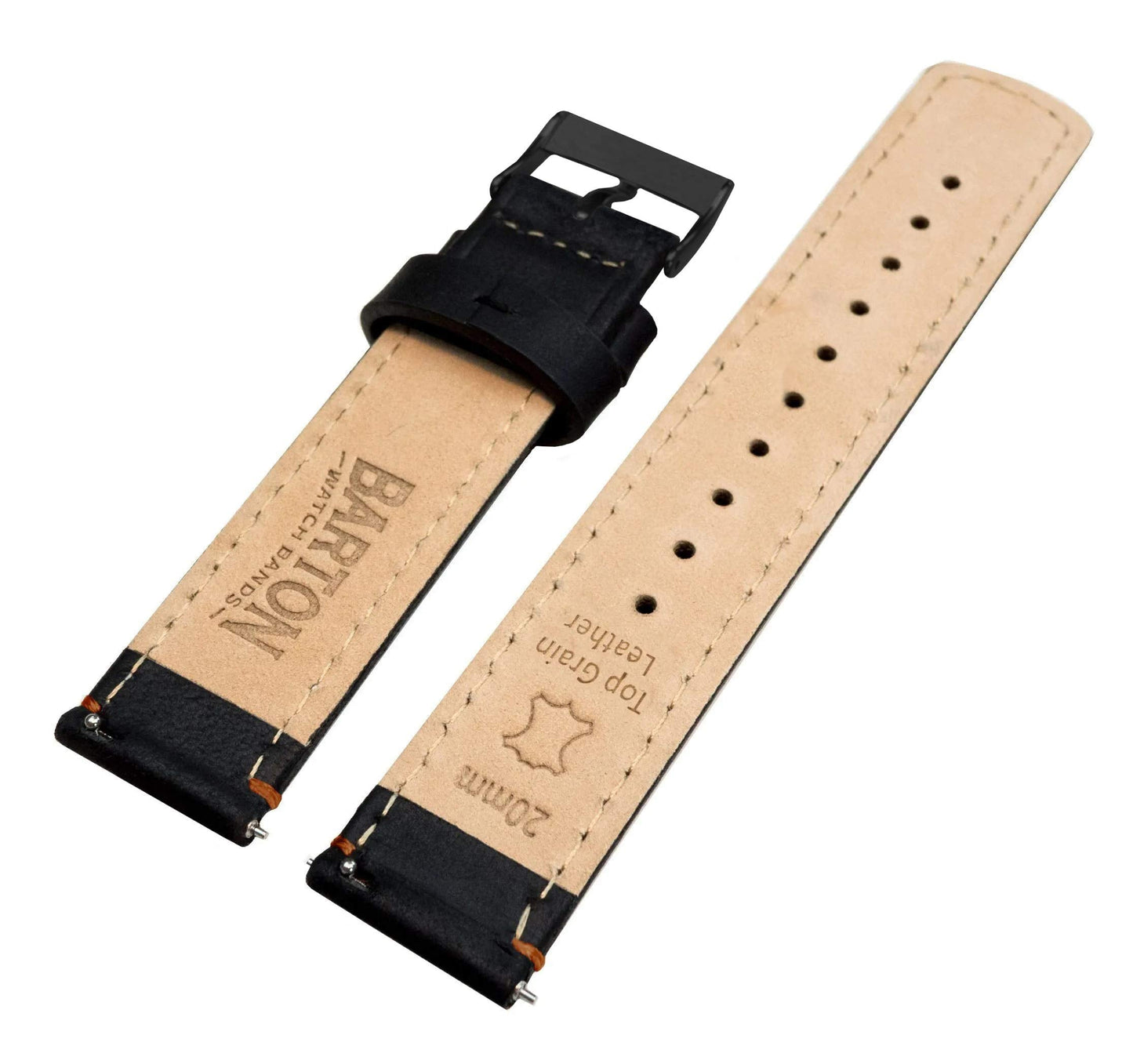 BARTON WATCH BANDS Quick Release Top Grain Leather Watch Band Strap, Black Leather/Orange Stitching (Black Buckle), 20mm