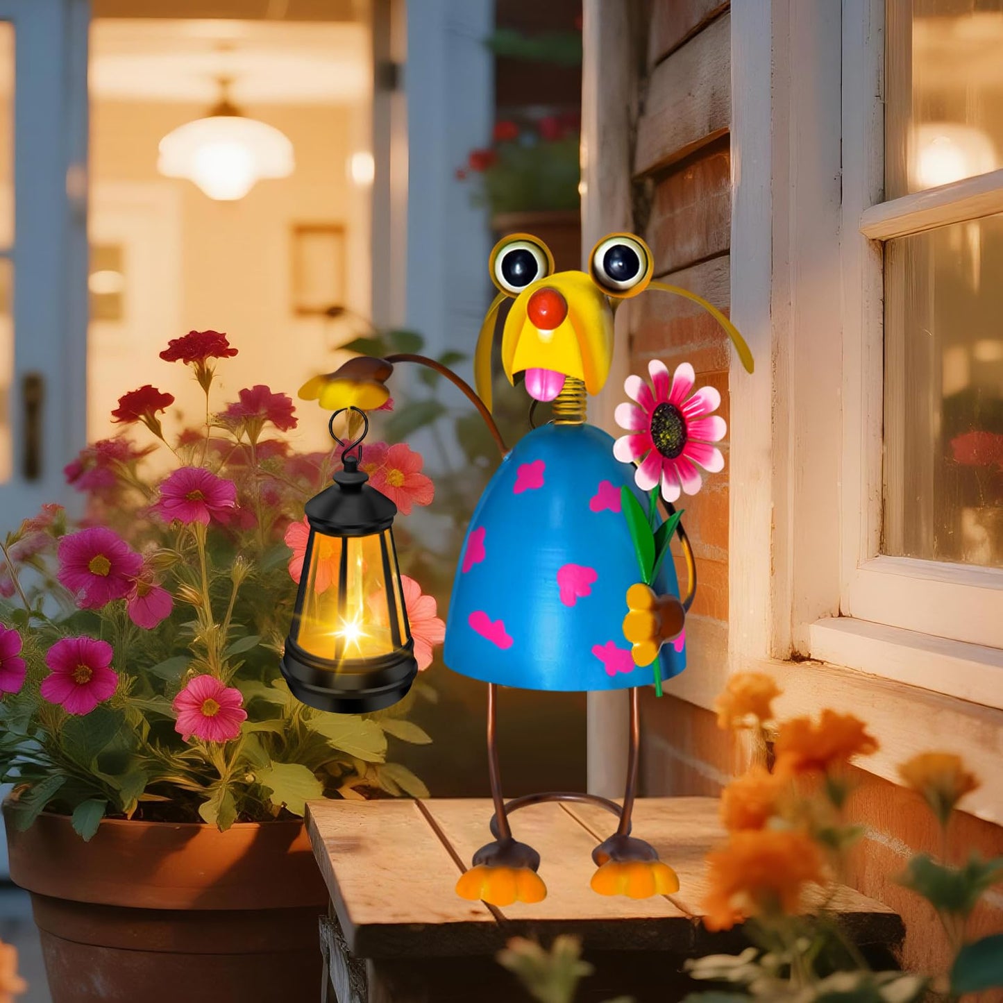 Solar Garden Lights Dog Statue with Solar Lantern Lights,13.38in Tall Dog Decor Outdoor Figurine Lights,Birthday Gifts for Women Mom Grandma,Big Metal Decorative Stakes for Patio,Porch,Yard Art,Lawn