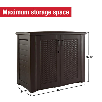 Rubbermaid Decorative Outdoor Storage Cabinet (123 Gal) Weather Resistant Dark Brown Organization for Home/Backyard/Pool Chemicals/Toys/Garden Tools/Porch/Patio Cushions