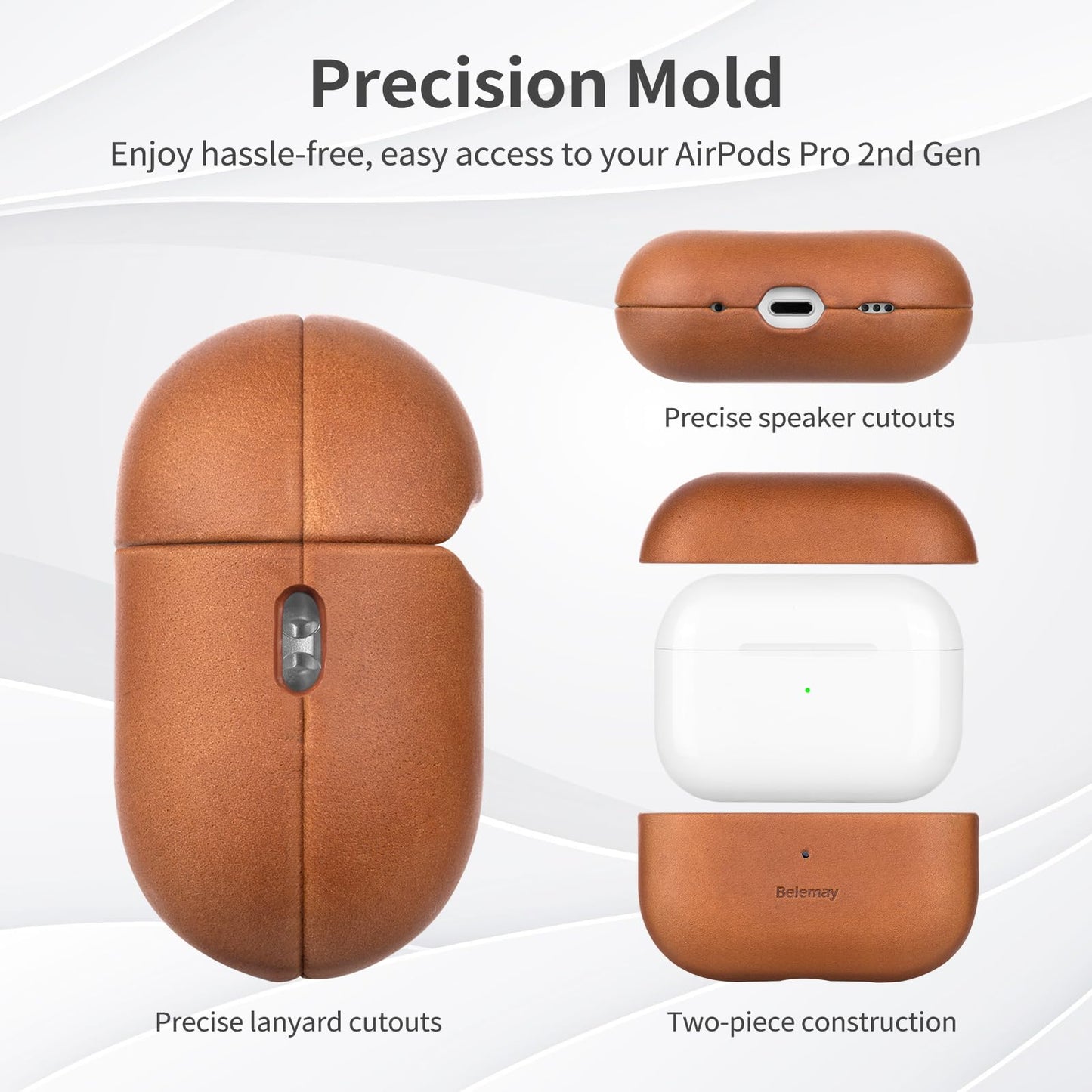 Belemay for AirPods Pro (2nd Generation) Case – Premium Crazy Horse Leather - Rich Patina- Secure Grip - Compatible with MagSafe and Wireless Charging - Compatible with Airpods Pro 2 Case - Tan