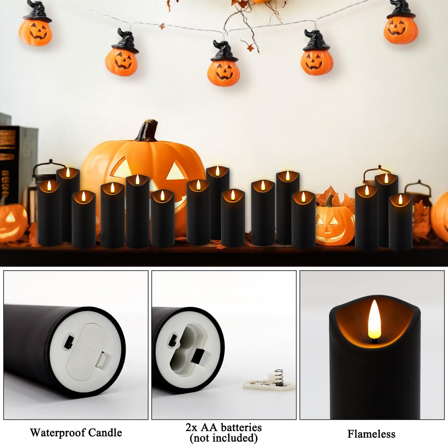 fclayvts Realistic Flameless LED Candle Black Set of 24, Battery Operated with Remote Control, 3D Flame Pillar Timer Funtion Melted Top Safe,Perfect for Indoor/Outdoor Decor,Wedding,BBQ and Gift