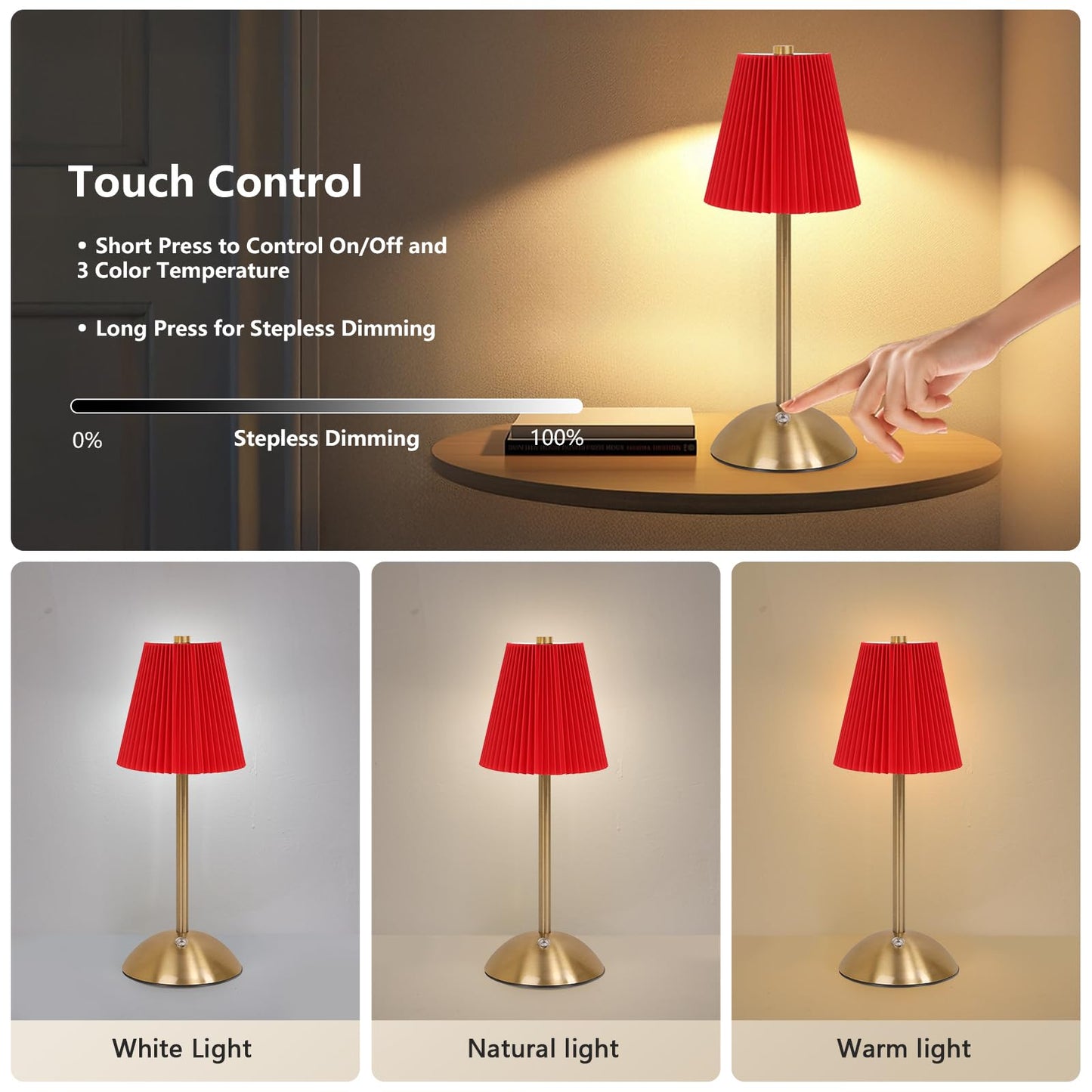 Red Table Lamps , Small Gold Table Lamp 12 Inch for Girl's Bedroom Cute Coquette Table Lamp with Fabric Shade Modern Decorative Bedside Light Small Princess Desk Lighting Boho Living Room (Gold+Red)
