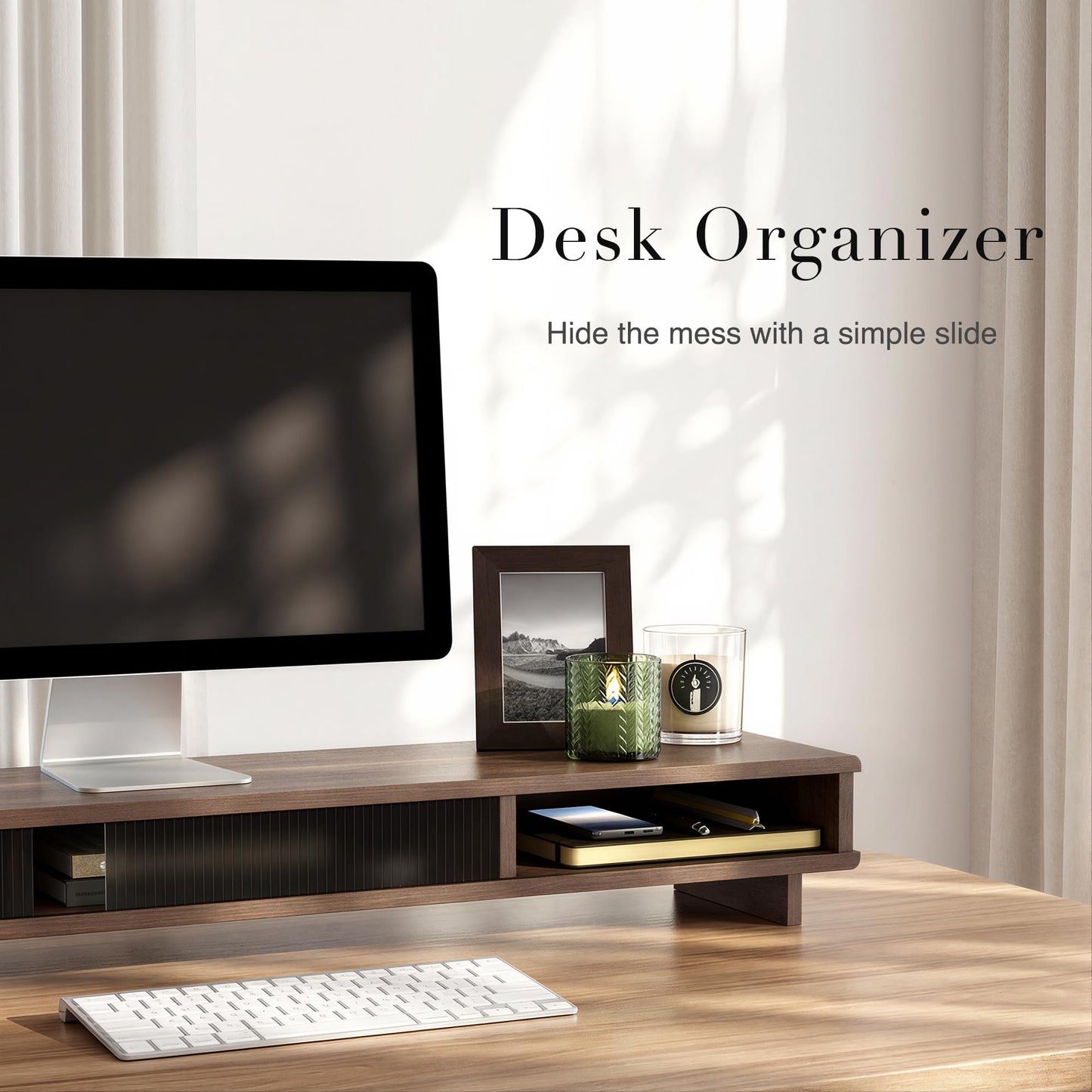 UniAbode Dual Monitor Riser with Sliding Doors & Storage - 42.5" Extra Wide Dual Monitor Stand for Desk Organizer,Desk Shelf for Office & Gaming - Acrylic Wave Design,110 lbs Capacity,Walnut