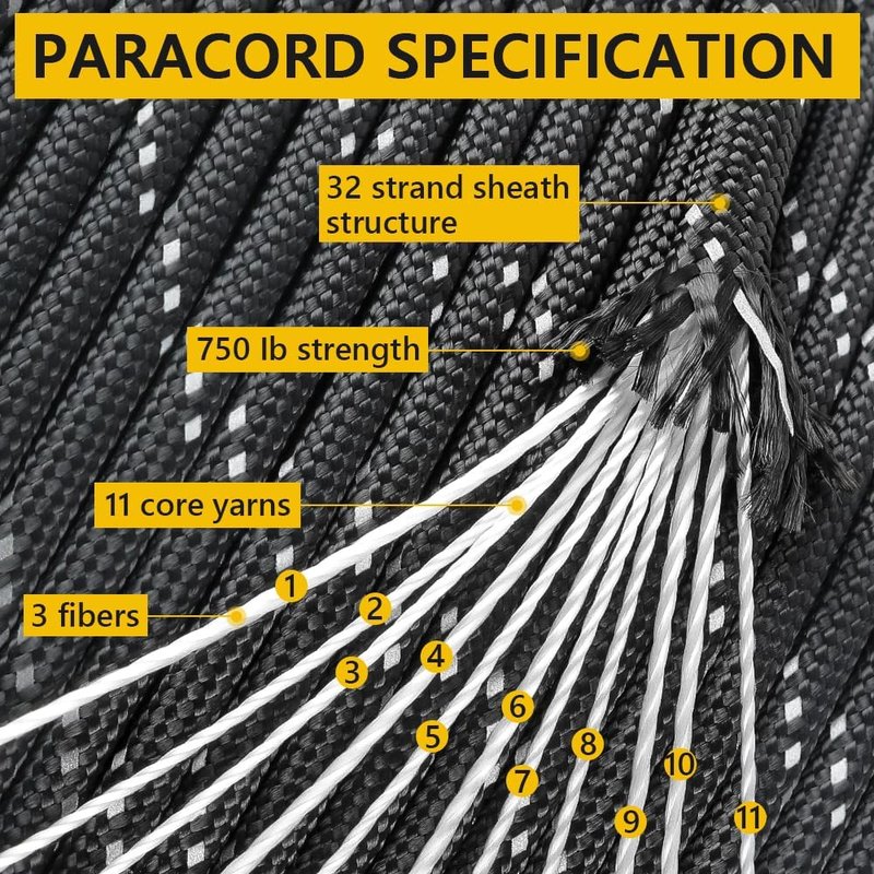 Reflective Paracord Rope - 750lb Strength | 100', 200', 500', 1000' Lengths, 4mm 11-Strand for Camping & Hammocks