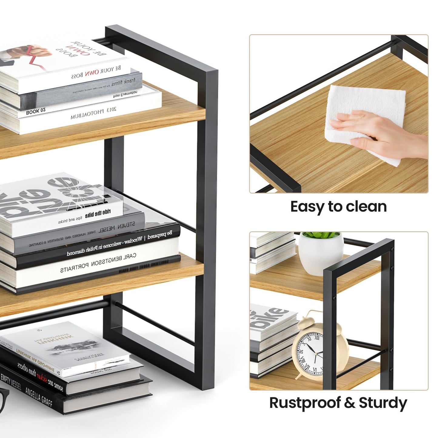 ART-GIFTREE Office Desk Shelf Organizer, Wood Desktop Bookshelf Supplies Storage Rack, Shelf for Top of Desk and Dresser (Black-2 Tier)