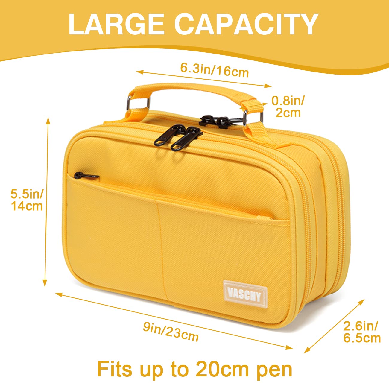 VASCHY Pencil Case, Large Pencil Pouch with Compartments for Middle School,Work,Office Pen Organizer Holder School Supply Yellow