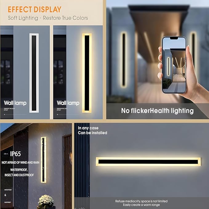 2Pack 71inch Long Outdoor Modern LED Wall Light,55W Waterproof IP65 Warm White 110V led Wall Mount Lighting Fixture Rectangular Black Wall Lights Elegant Frosted White Acrylic Anti Rust.