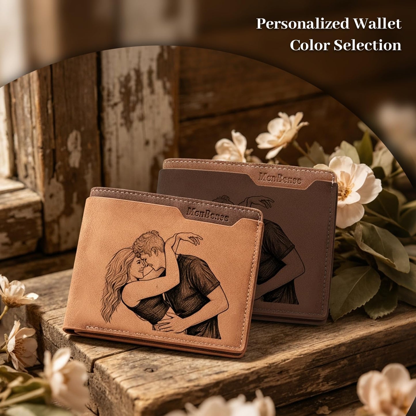 YVD Personalized Wallets for Men, Custom Photo Picture Engraved Bifold Wallet, Premium PU Leather Mens Wallet, Anniversary Birthday Gifts for Husband Dad Him (Light Brown)