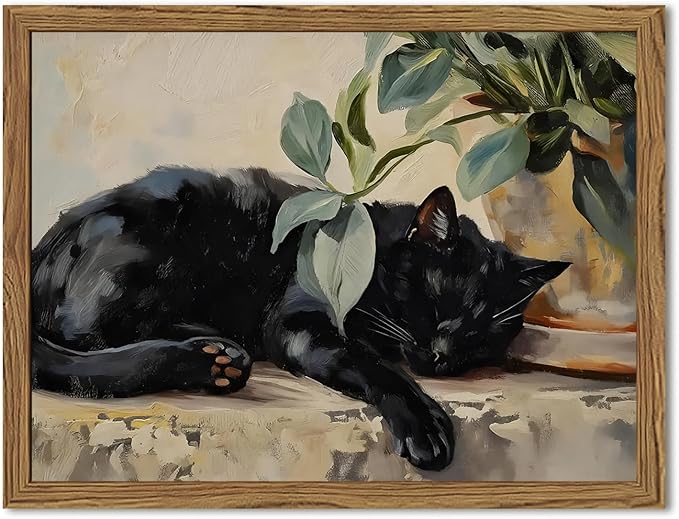 Framed Black Cat Canvas Wall Art, Vintage Sleeping Cat with Plant Picture Wall Decor Paintings, Cute Animal Poster Prints Rustic Aesthetic Home Decor for Living room Bedroom Bathroom 8x10 inch