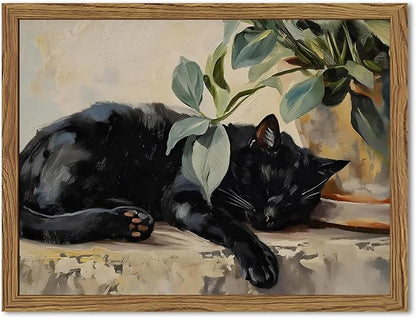 Framed Black Cat Canvas Wall Art, Vintage Sleeping Cat with Plant Picture Wall Decor Paintings, Cute Animal Poster Prints Rustic Aesthetic Home Decor for Living room Bedroom Bathroom 8x10 inch