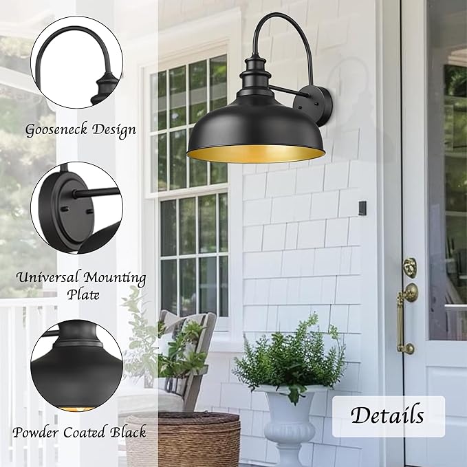 Bestshared Large Outdoor Farmhouse Barn Lights 16 Inch Dome Outdoor Wall Lantern Industrial Wall Sconces Exterior Gooseneck Mount Light,Vintage Outdoor Lighting Fixture (2Pack, Black+ Gold)