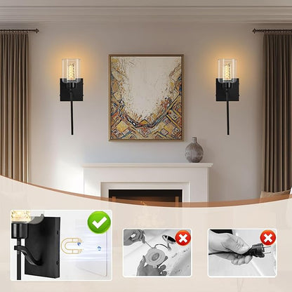 Glass Battery Wall sconces Set of Two with Remote, Stepless Dimmable Wireless Glass Wall Sconces with Crystal Bulb, Rechargeable Sconce for Bedroom, Black