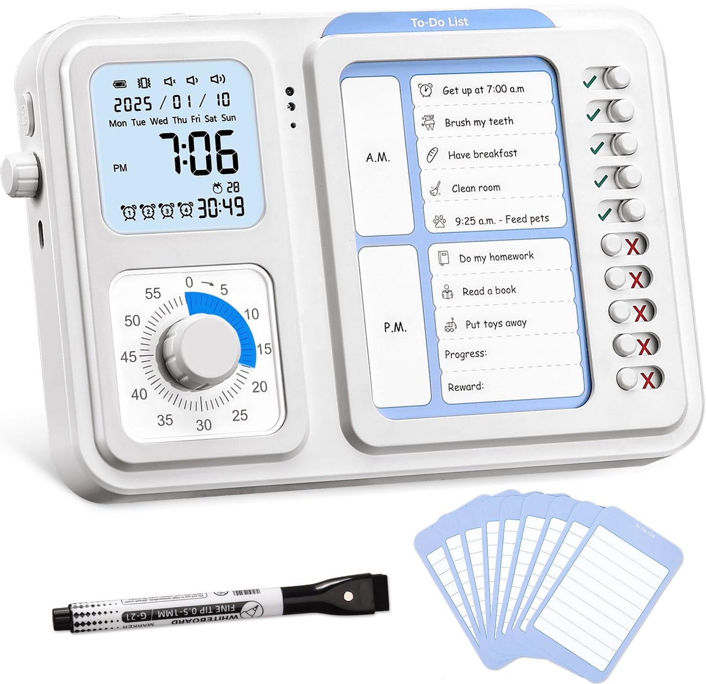 3-in-1 Visual Timer & ADHD Tool for Kids|Adults, Task Timer with Chore Chart Board, Visual Schedule for Kids with Autism, Daily Checklist for Home, School, Classroom, Desk