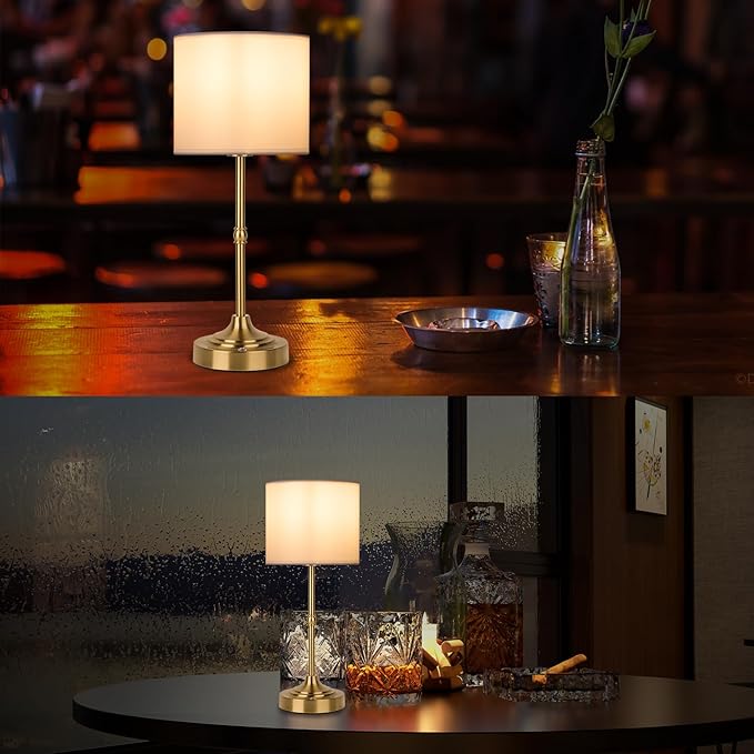 Rechargeable Cordless LED Table Lamp Fabric Shade Desk Lamp, 3-Level Dimmable Touch Control, 5200mAh, Patio Table Lamp, Bedside Night Lamp, Ambient Light for Restaurant.(Gold)