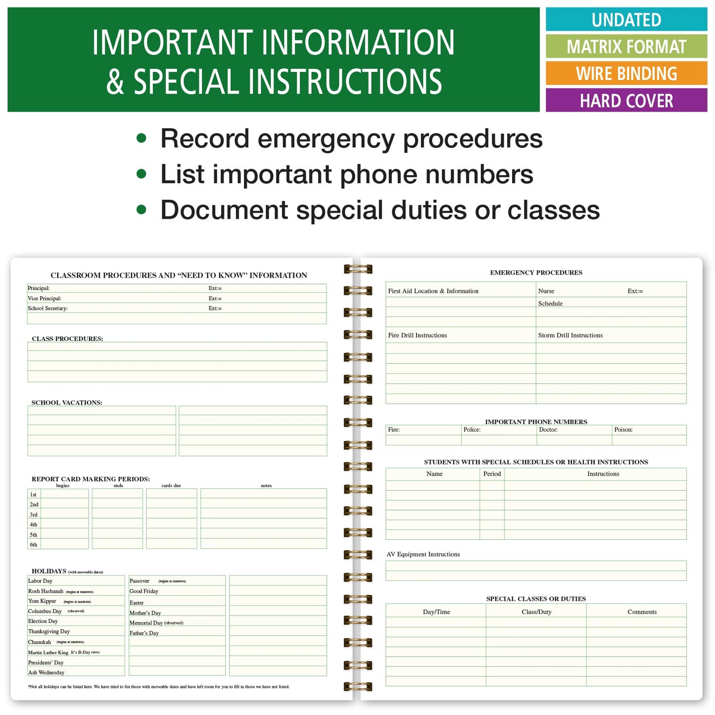 Elan Publishing Company HARDCOVER Combination Plan and Record Book: One efficient 8.5" x 11" Book for Lesson Plans and Grades Combines W101 and R1010 with Bonus Clip-in Bookmark (Teal Floral)