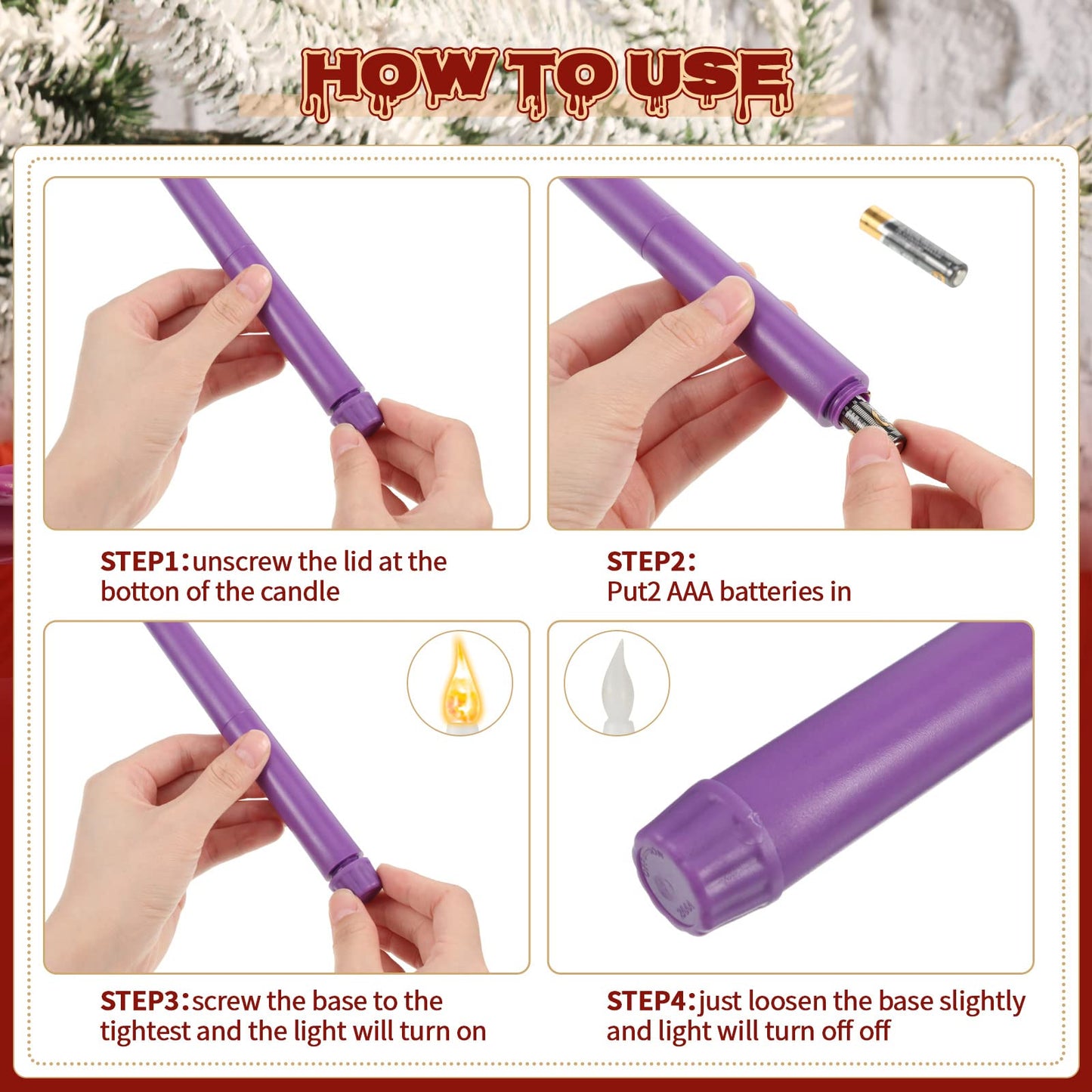 BBTO Christmas Flameless Advent Candles Set of 5 Battery Operated Candles LED Taper Candle Purple & Pink Glitter Flickering Candle for Christmas Fireplace Wreath Decor(Teardrop Style)