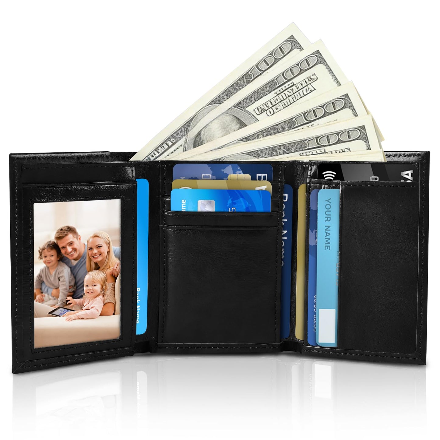 WULOUJIE Men's Trifold Leather Wallet, RFID Blocking Genuine Leather Wallet with 11 Card Slots, Tri Fold Wallet for Men（brown） (brown) (Black)