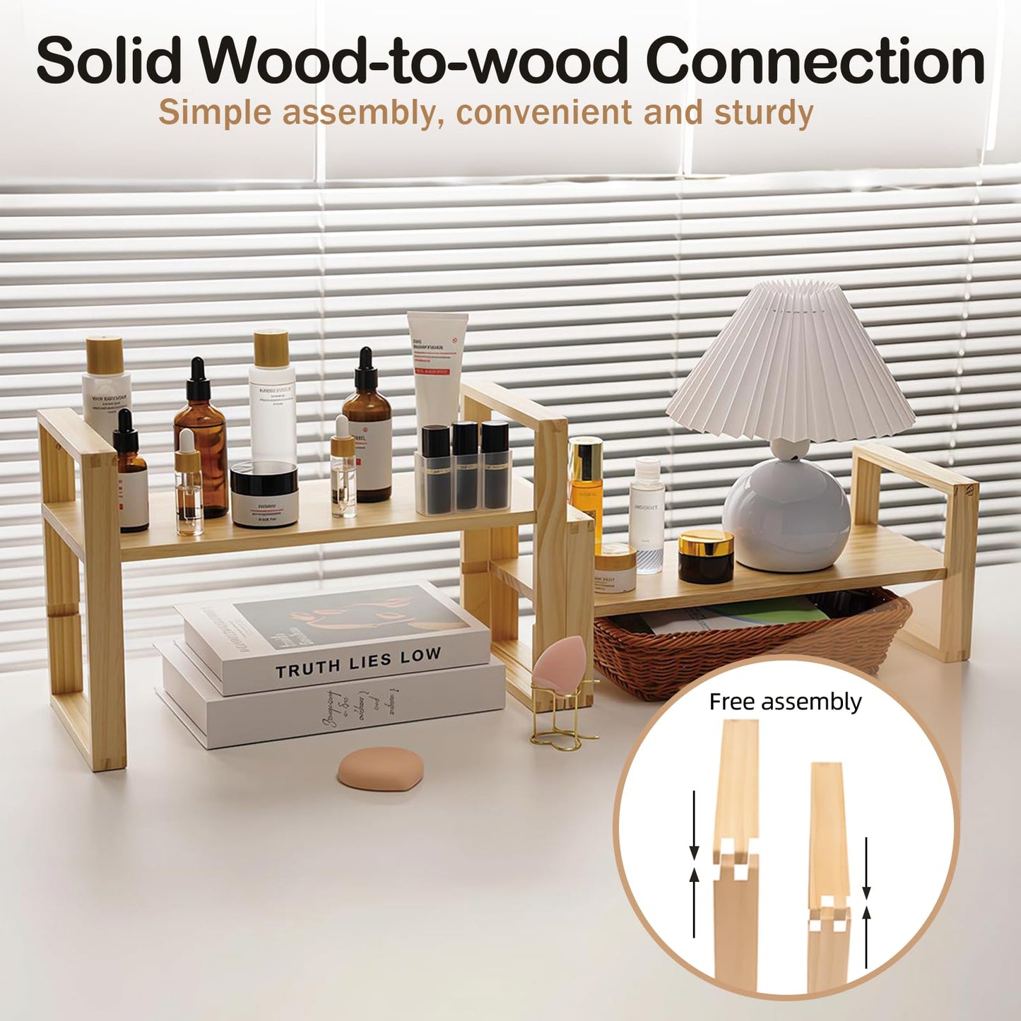 Desk Shelf, 100% Solid Wood Adjustable Desktop Bookshelf, No Tools, Nails or Glue Required for 130lb Load Capacity for Living Room, Office, Books, Cookbooks, Interlocking Joints Nature Pine Color