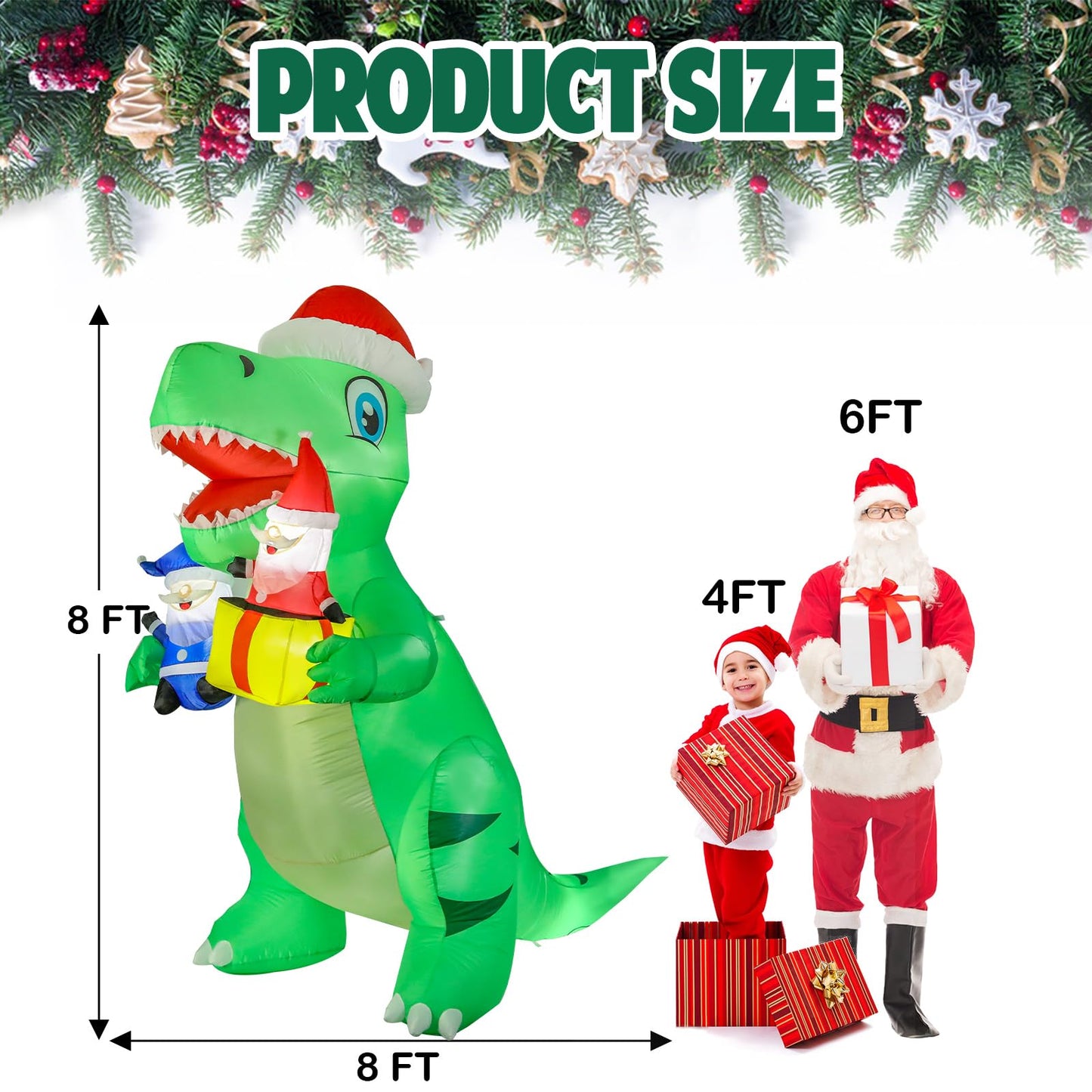 Vipush 8 FT Christmas Inflatable Decorations Dinosaur Christmas Decorations Outdoor Inflatable with LED Light, Outdoor Holiday Decor Blow Up Yard Decor