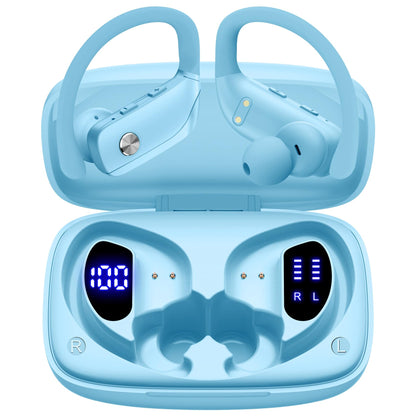 bmani Ear Buds Wireless Earbuds Bluetooth Headphones with 80H Playtime LED Display Case, Over-Ear Hook with Mic, Stereo Sound, Easy Button Controls, Sports Earphones for Running Workout Sky Blue
