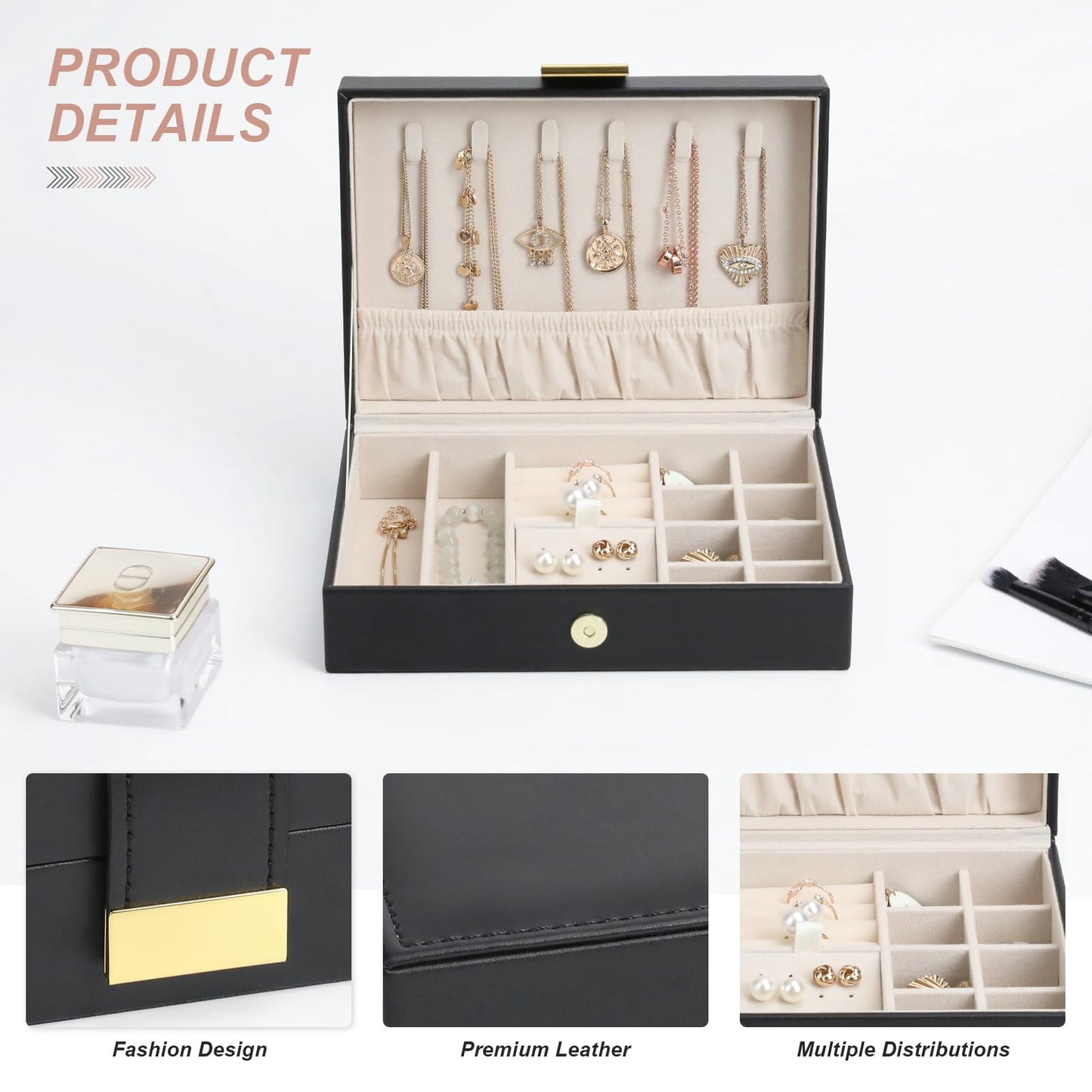 V-LAFUY Leather Strap Closure Jewelry Box Single Layer Organizer Case for Necklaces, Earrings, Rings, Compact for Travel & Home Storage Black
