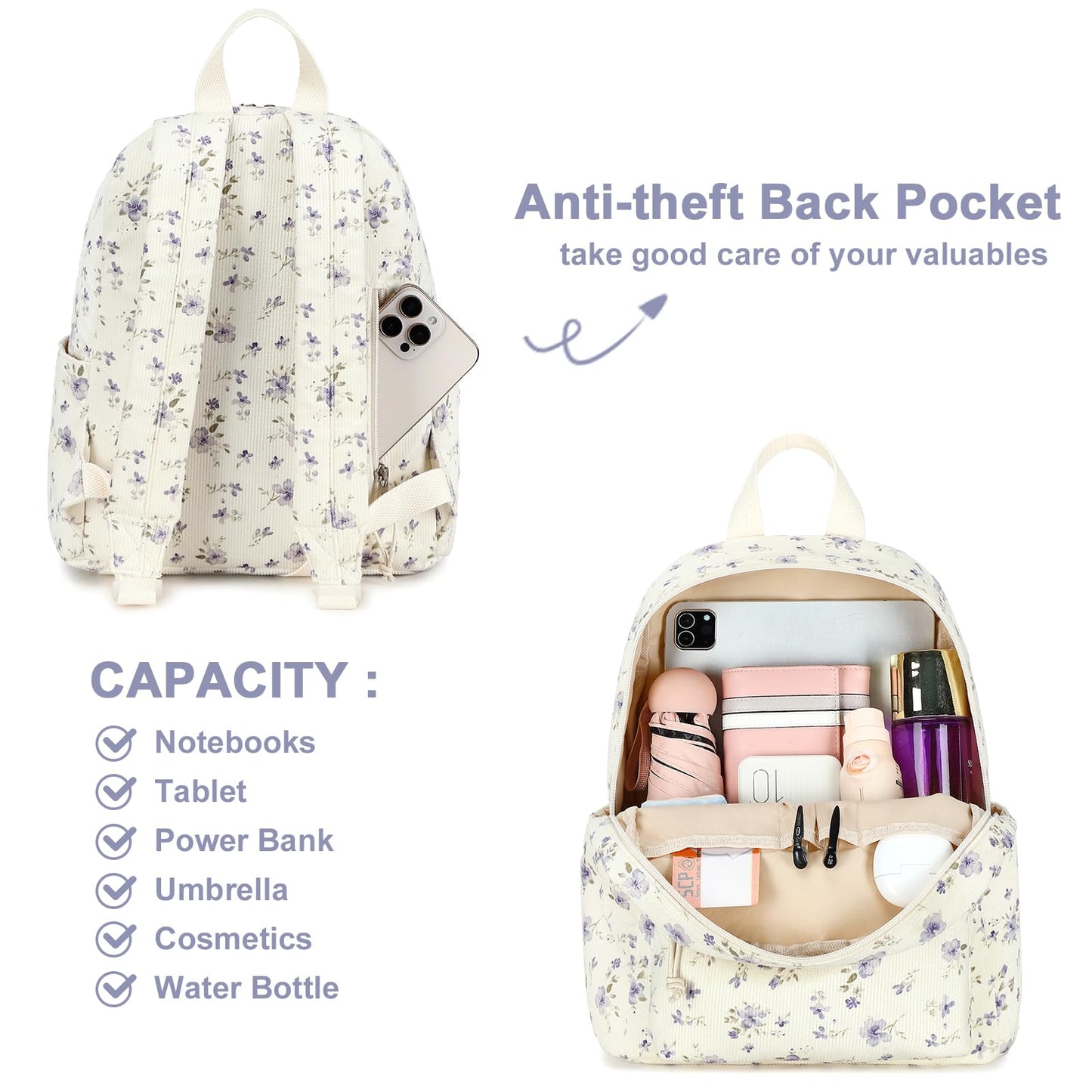 BTOOP Mini Backpack Women Girls Water-resistant Small Backpack Purse Shoulder Bag for Womens Adult Kids School Travel (Purple Floral201)