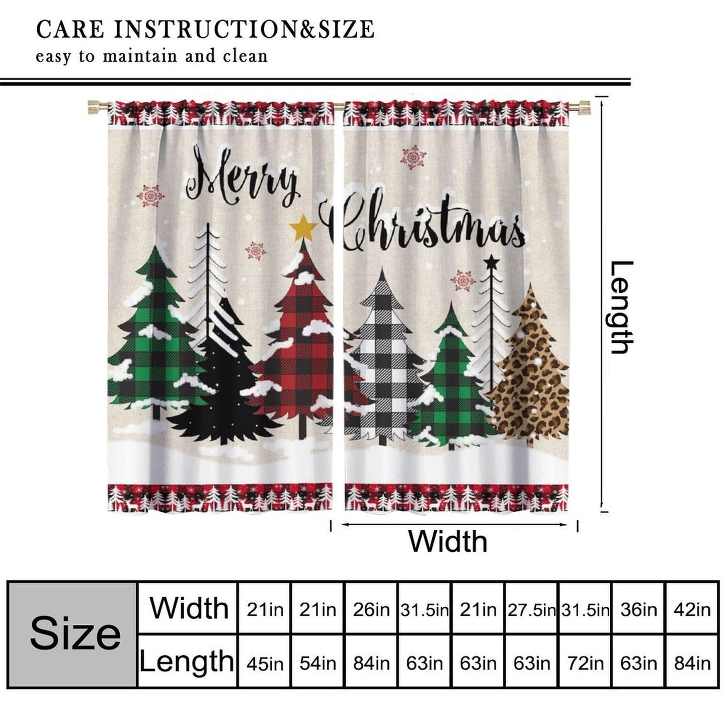 Christmas Tree Curtain Farmhouse Buffalo Plaid Xmas Tree Winter Cabin Snowflake Holiday Window Treatment for Living Room Bedroom Kitchen Cafe Study Dinin Merry Christmas Decor Window Drapes 42"W X 45"