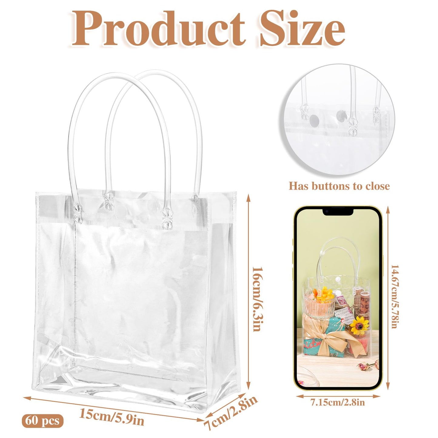 BESARME 60 Pack Clear Gift Bags with Handle, 6.3" x 5.9" x 2.8" Clear Bag Bulk Small Reusable Plastic Bag Gift Wrap Tote Bags for Graduation Wedding Baby Shower Birthday Party Favors