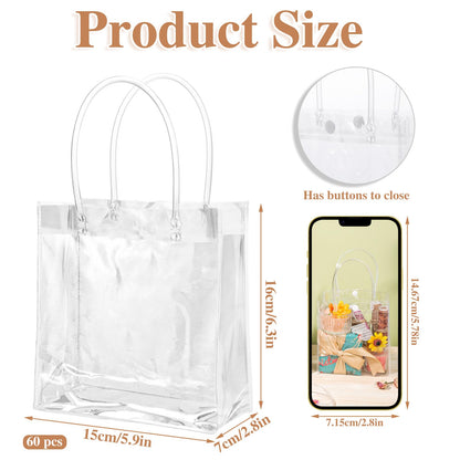 BESARME 60 Pack Clear Gift Bags with Handle, 6.3" x 5.9" x 2.8" Clear Bag Bulk Small Reusable Plastic Bag Gift Wrap Tote Bags for Graduation Wedding Baby Shower Birthday Party Favors