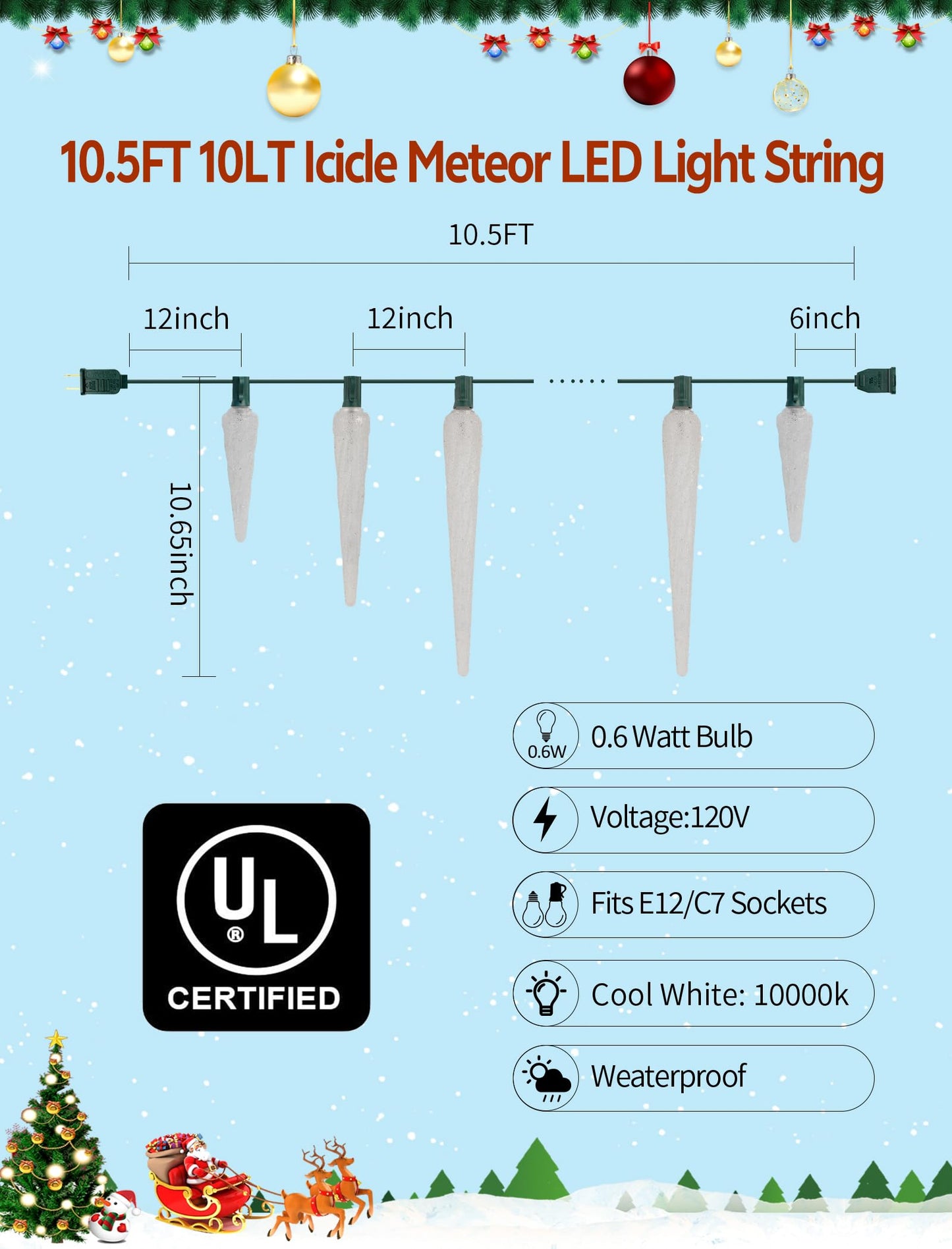 Adirxon Bright LED Christmas Lights Outdoor, 10.5FT 10-Bulb Waterproof Icicle Lights, 10000K Cool White Plug-in String Lights for Roofline, Yard, Party & Holiday Decorations