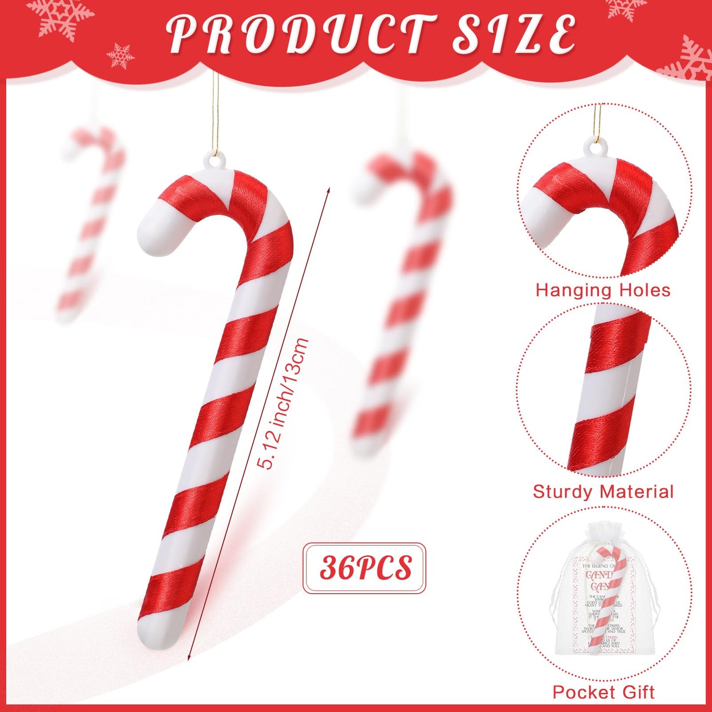 Cholemy 36 Sets Christmas Candy Cane Hanging Ornaments Gifts Including 36 Candy Cane Ornaments and 36 Legends of Story Cards with 36 Organza Bags for Christmas Tree Home Party Decor