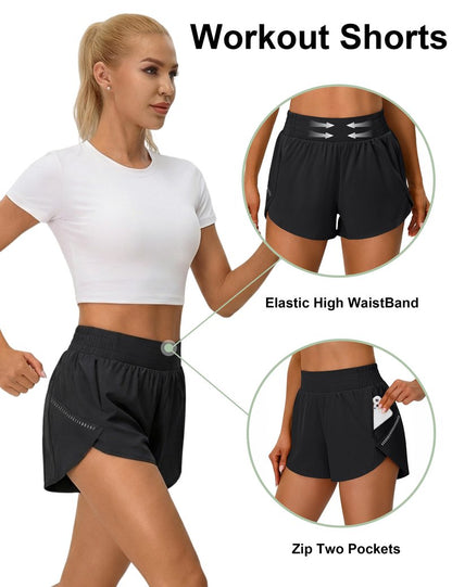 BMJL Womens Workout Gym Shorts Athletic Yoga High Waisted 2 in 1 Sporty Dolphin Running Shorts with Zip Pocket 2.5"(M,Black)