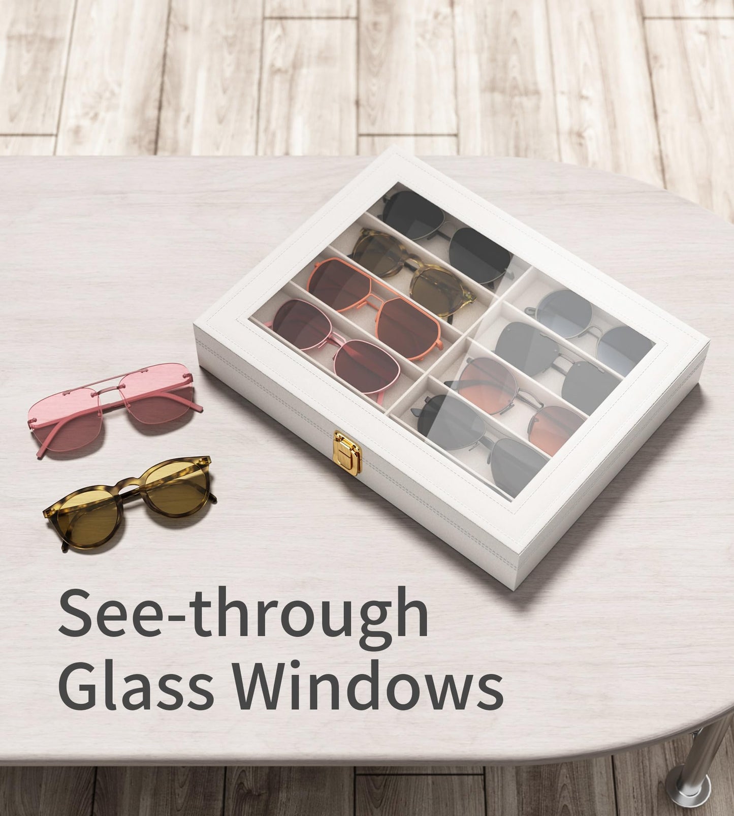NEWLOOP Sunglass Organizer for Women Men - Multiple Pair of Sunglasses Storage Box Eye Glass Watch Leather Display Case with 10 Slots White