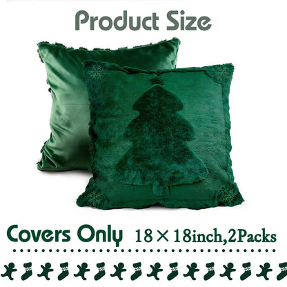 ONFAON Christmas Decorations - Christmas Pillow Covers 18x18 Inch Set of 2,Embroidered Xmas Tree Soft Plush Faux Fur Wool Throw Pillows Winter Holiday Decor for Sofa Living Room, Green