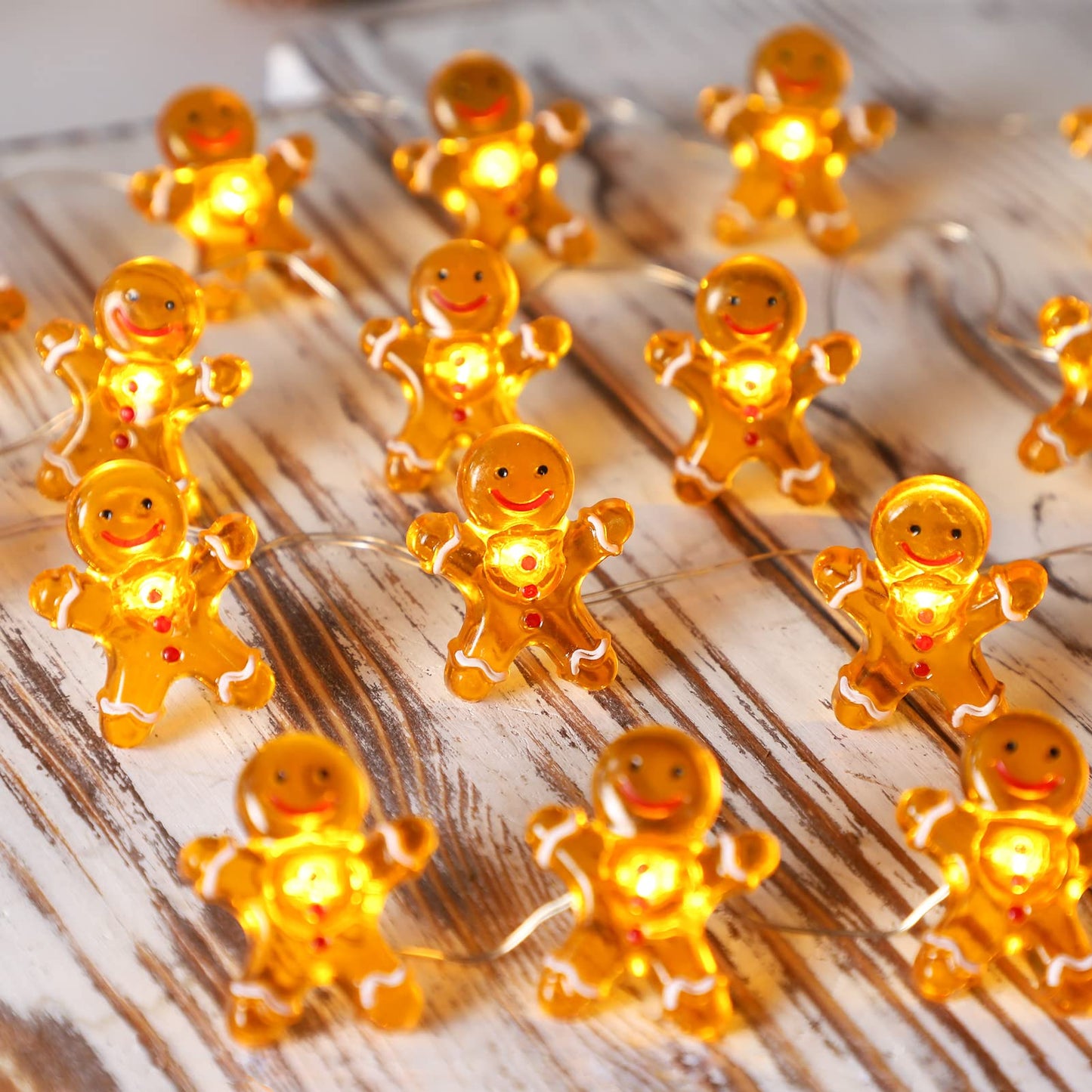 FLAVCHARM Christmas String Lights, Battery/USB Operated, Gingerbread Design, Remote Control, Light Amber
