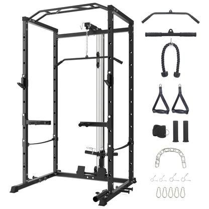 Power Cage with LAT Pulldown Machine - Squat Rack for Home Gym, Multi-Functional Weight Cage with Cable Pulley System, Dip Bars & Landmine Attachment