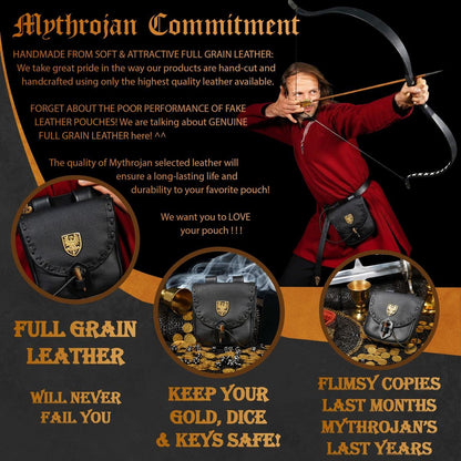 Mythrojan Leather Belt Pouch Medieval Genuine Leather Bag with Raven Decoration Accessories Pouch Viking Belt Coin Bag Renaissance Bag for Larp Fantasy Events, Ren Faire, Halloween-Black