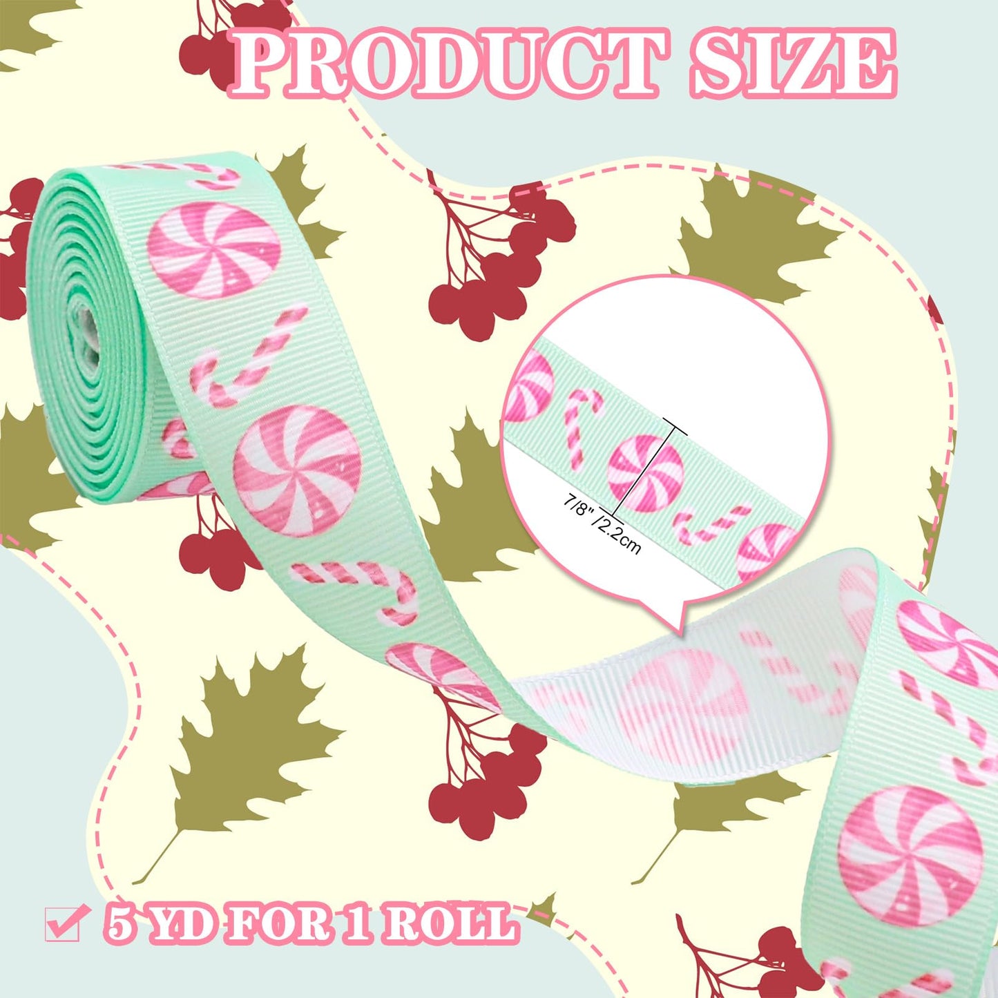 JarThenaAMCS 6 Rolls Christmas Grosgrain Ribbon 7/8" Pastel Pink Green Xmas Tree Candy Snowflake Santa Gingerbread Man Fabric Craft Ribbons for Bow Gift Wrap Holiday Birthday Party Decor, 30 Yards