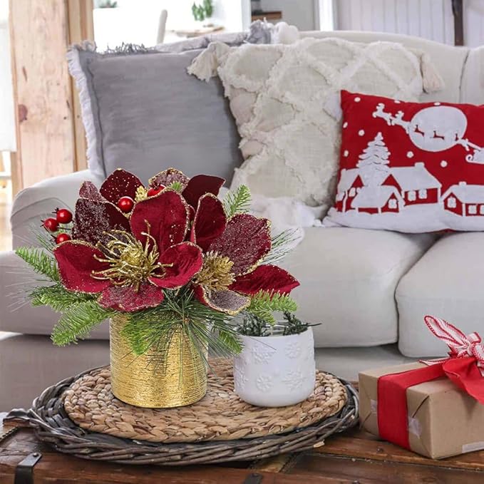 13 inch Christmas Table Centerpiece 5" Glitter Magnolia Flower and Berries Fir Greenery Artificial Christmas Floral Centerpiece in Silver Ceramic Pot Tabletop Xmas Table Arrangement Decor