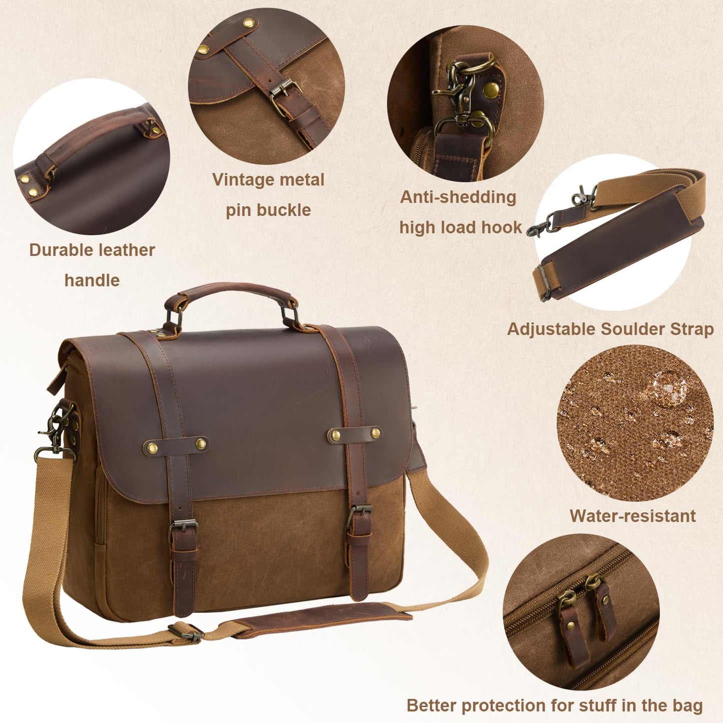 Men's Messenger Bag Waxed Canvas Briefcase 16 Inch Vintage Genuine Leather Computer Laptop Bags Waterproof Satchel Shoulder Bag for Work/Business/Office