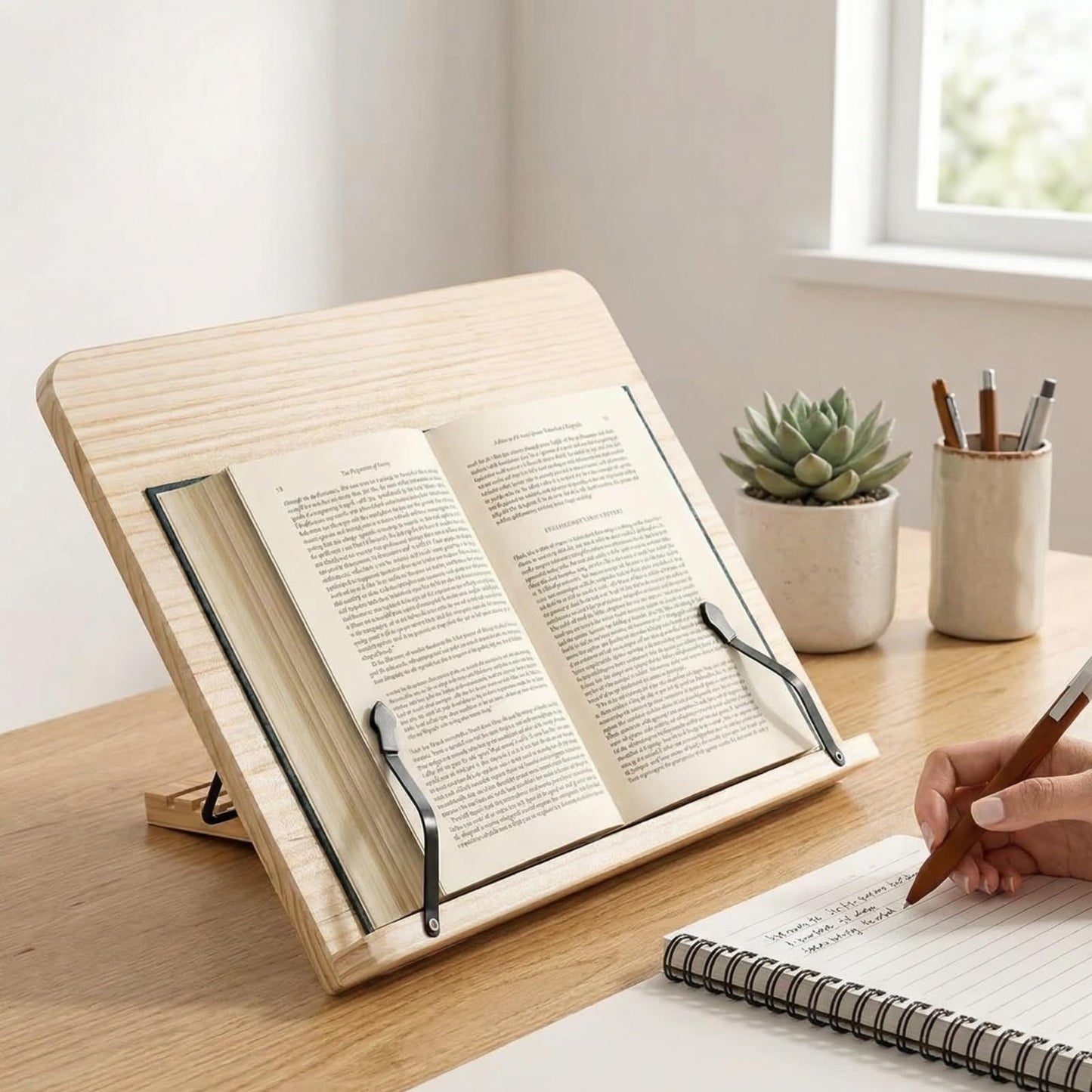 Reading Rack Wooden Bookshelf - Book Stand Foldable with 8 Adjustable Positions and Page Clips,Suitable for cookbooks、iPads、laptops、Sheet Music、and Reading Stands (13.4x9.45inch)