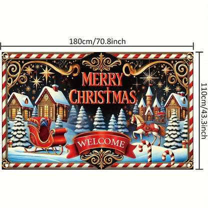 Tomhong Merry Christmas Welcome Sign 71x43inch Large Outdoor Yard Banner forWinter Holiday Party Porch Decoration Festive Xmas Scene with Sleigh Horse Candy Cane andSnowy Village