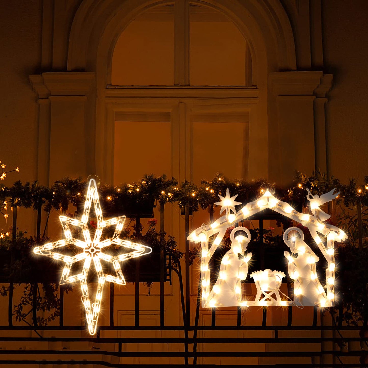 Xmasnova 2 Pack Christmas Window Lighted Decorations,Christmas Window Silhouette Lights,Double Side Christmas Sign Lamp Decoration for Holiday Indoor Wall Door Glass Decorations,Polaris,Nativity