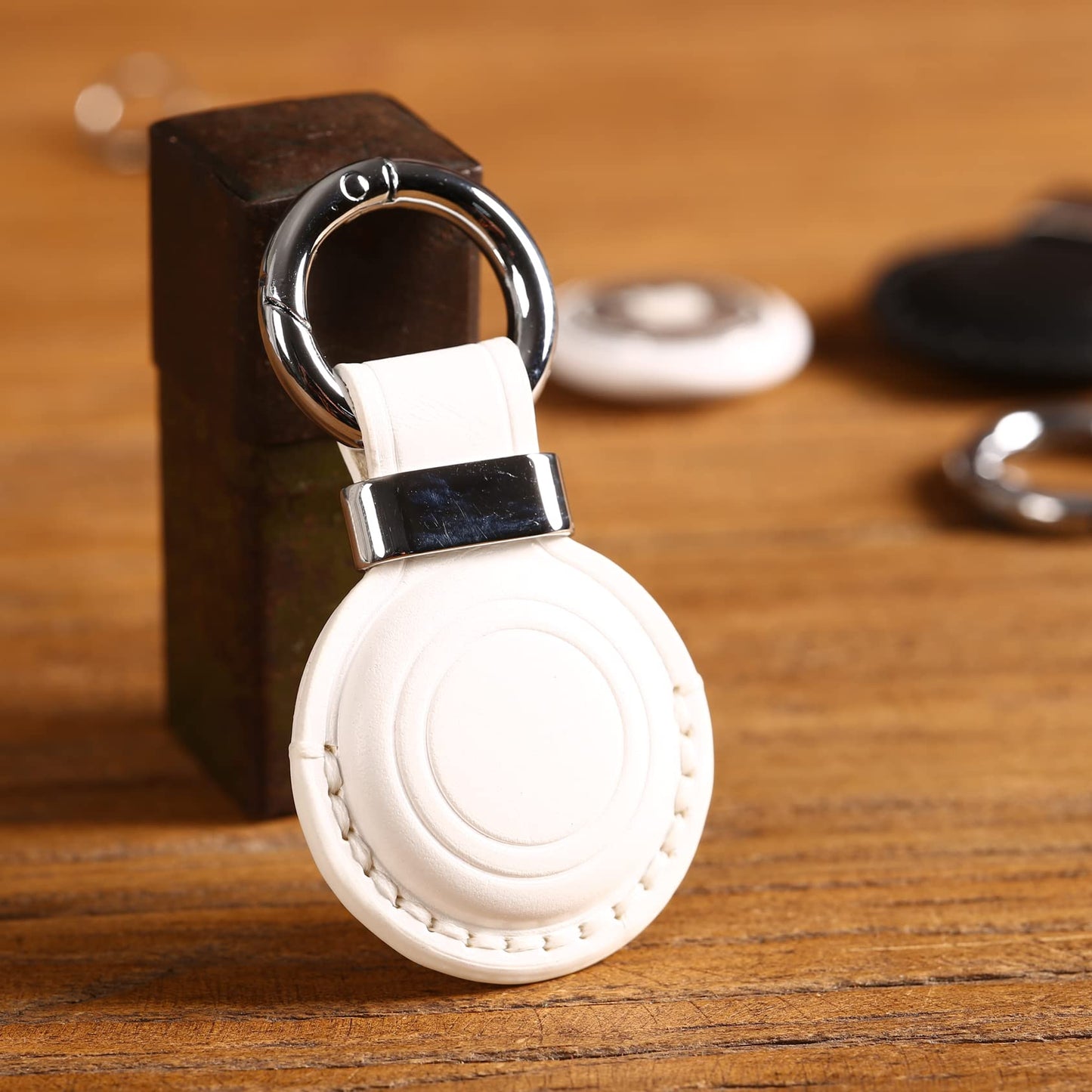 KEEPXYZ Genuine Leather Keychain Holder compatible with Airtag - Secure Air Tag Keychain Holder Case Cover Key Chain Ring Accessories for Air Tag - White V2.0