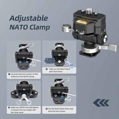 Nitze Quick Release Camera Monitor Mount (NATO Rail with 1/4” Screw and Retractable Pins to Cold Shoe), Field Monitor Mount with Adjustable NATO Clamp, 170° Tilt and 360° Pan - N54-S1
