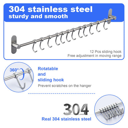 Utensil Hanging Rack with 12 Removable Hooks Nail Free by Kelelife, Stainless Steel Wall Mounted Coat Hat Rack Kitchen Tool Hooks Hangers in Kitchen or Bathroom Brushed Nickel