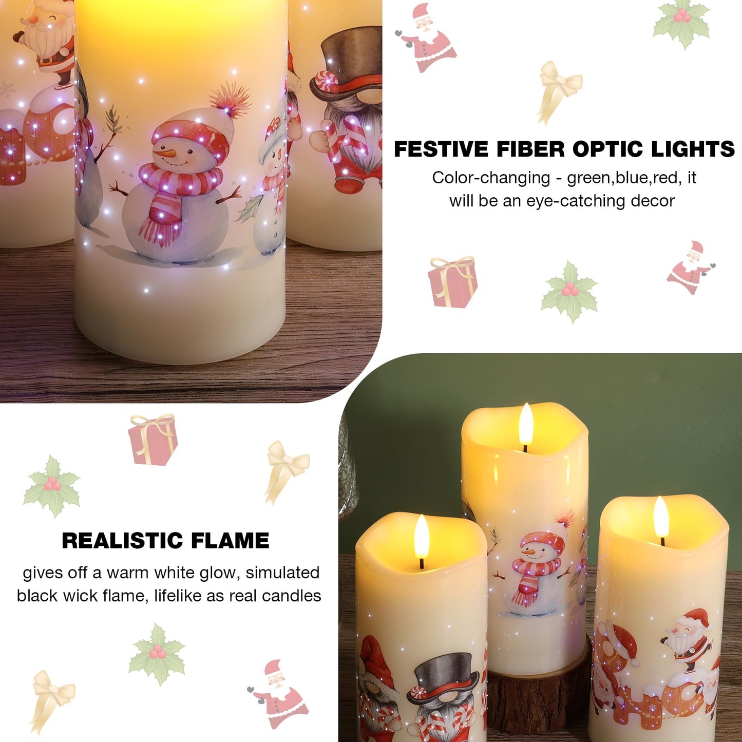 Eywamage Christmas Fiber Optic Flameless Pillar Candles with Remote, Santa Snowman Gnomes LED Battery Candles Holiday Winter Decor Set of 3