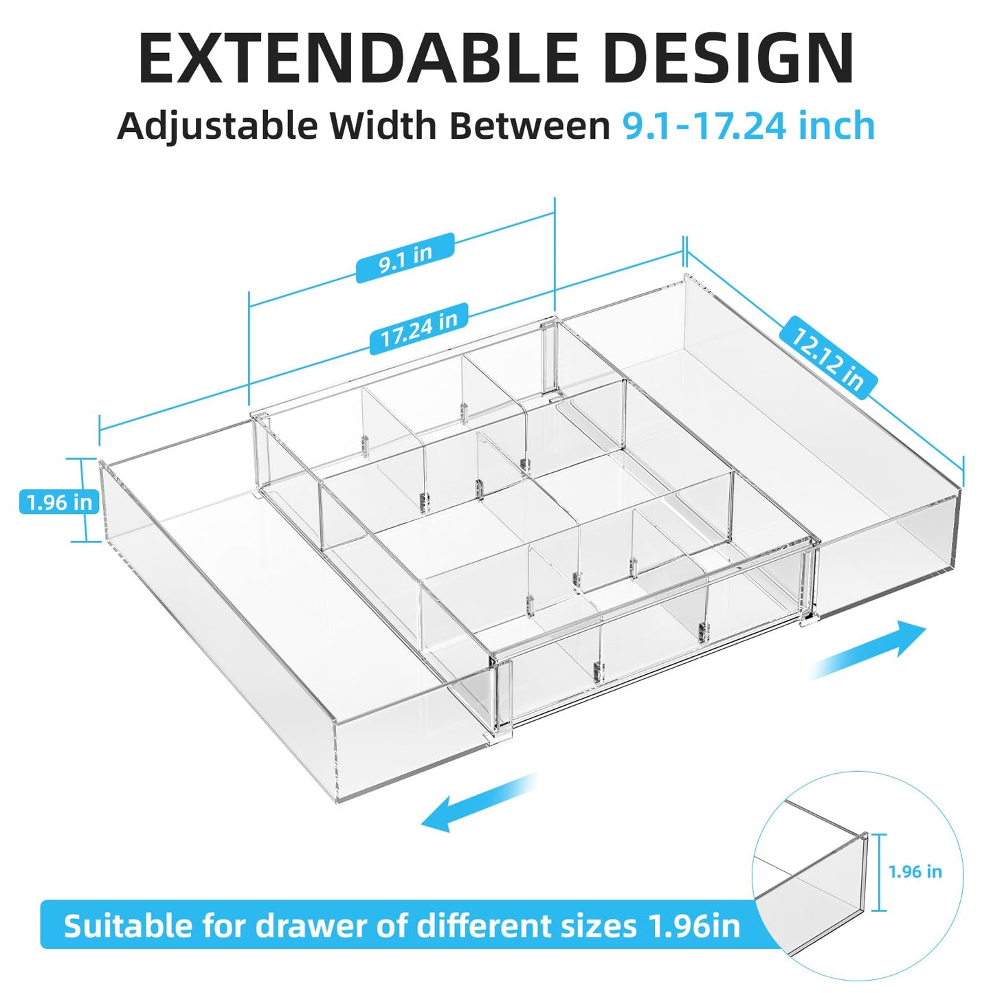 Marbrasse Expandable Desk Drawer Organizer, Clear Plastic Drawer Organizer Tray with 10 Adjustable Compartments, Desk Organizers and Accessories, 5 Drawer Dividers for Office Supplies, Makeup(Clear)