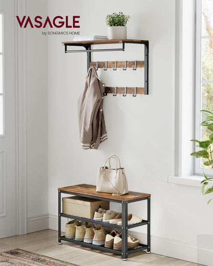 VASAGLE 3-Tier Shoe Rack, Shelf Storage Bench with Metal Mesh Shelves and Seat, Free Standing Shoe Organizer for Entryway, 11.8 x 28.7 x 17.7 Inches, Rustic Brown and Black ULBS73X